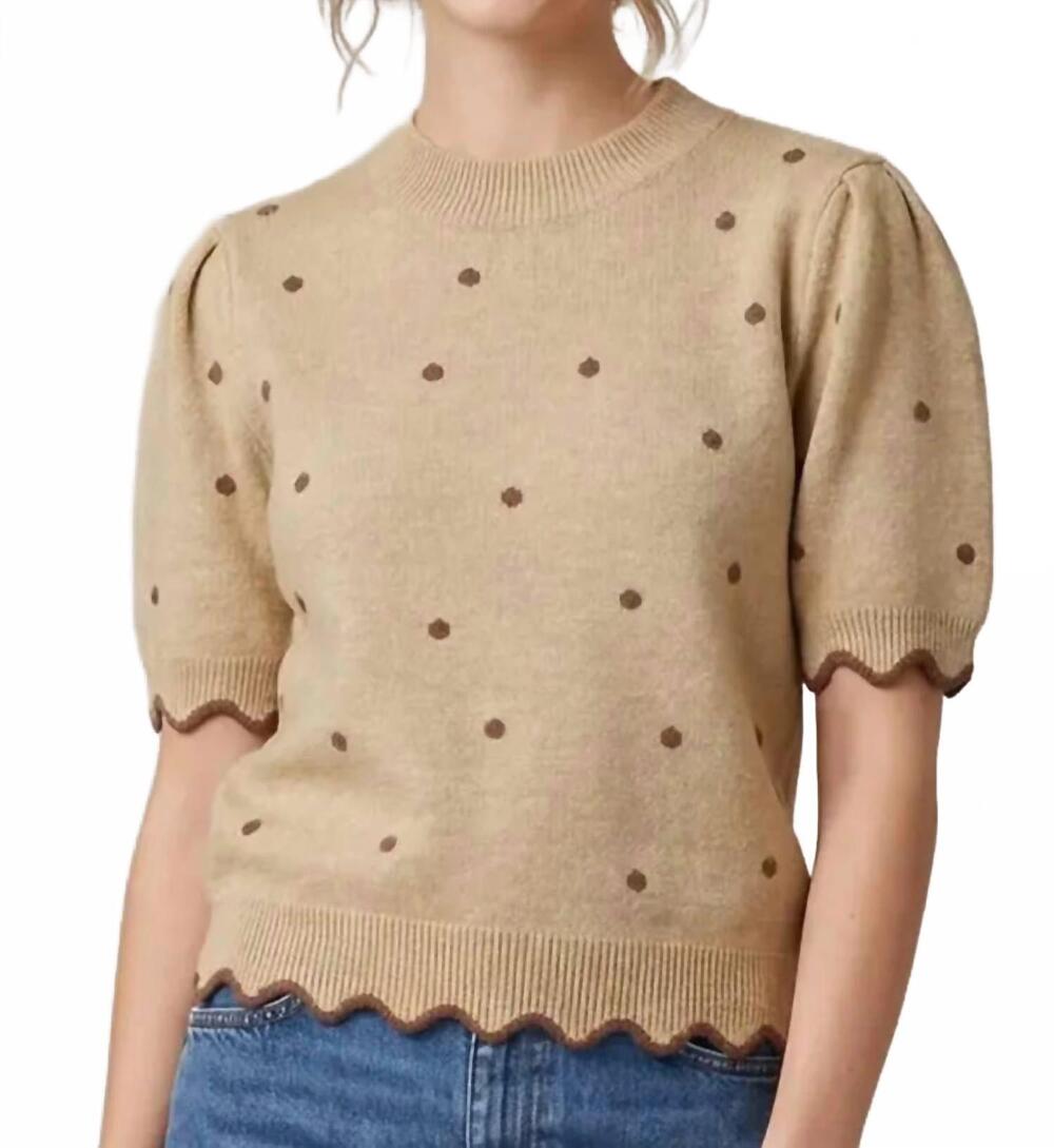 NEW SHE + SKY short sleeve polka dot scalloped sweater top in beige